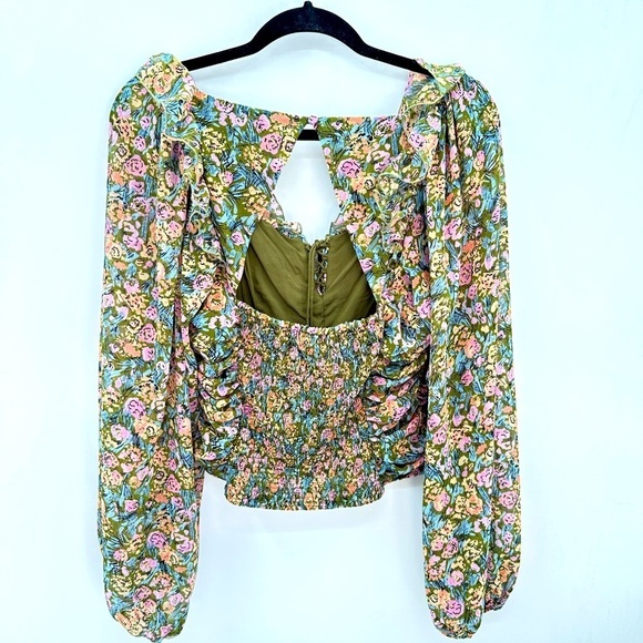 FREE PEOPLE MED Mabel garden combo woman ruch puff sleeve milkmaid floral blouse - Picture 3 of 15